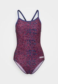 Costume da bagno intero con un motivo a crepe blu navy e rosso, caratterizzato da spalline sottili e un logo all'anca. Tessuto liscio ed elastico.