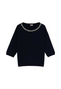 Pull en tricot bleu marine avec des manches trois-quarts et un col rond, orné de perles décoratives autour du col.