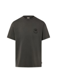 Dark gray cotton t-shirt with short sleeves, crew neck, and a round logo print on the left chest area. Smooth texture and relaxed fit.