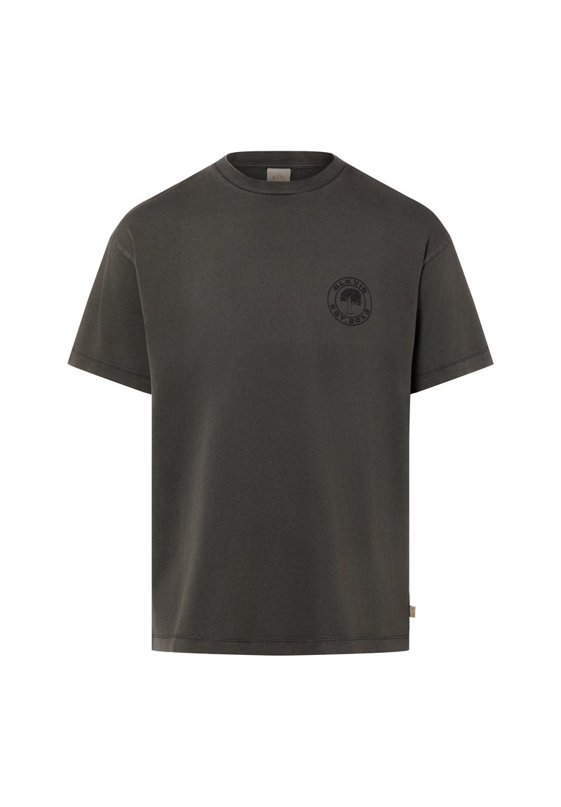Dark gray cotton t-shirt with short sleeves, crew neck, and a round logo print on the left chest area. Smooth texture and relaxed fit.
