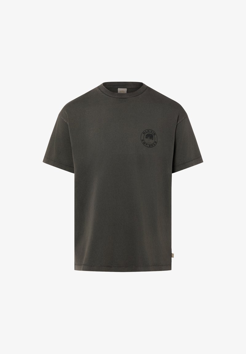 Dark gray cotton t-shirt with short sleeves, crew neck, and a round logo print on the left chest area. Smooth texture and relaxed fit.