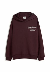 Bordeaux hoodie met een ruime capuchon, lange mouwen en geribbelde manchetten, met aan de voorkant witte tekst die "Design District" en een zin bevat.