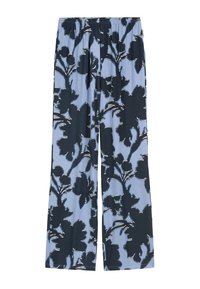 Pantalons larges à imprimé floral en bleu clair avec des fleurs marines et blanches. Dotés d'une taille élastique pour plus de confort. Texture de tissu douce.