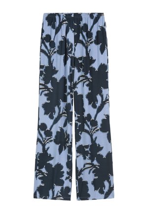 Lichtblauwe brede broek met bloemenprint in marineblauw en wit. Voorzien van een elastische tailleband voor comfort. Zachte stoftextuur.