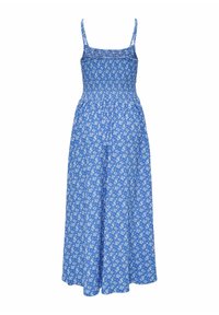 Robe midi bleue sans manches avec imprimé floral blanc, corsage smocké et fines bretelles.