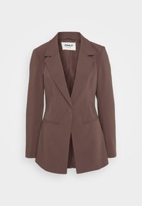 Hnědý šitý blazer s klopovým límcem, jedním knoflíkem, dvěma bočními kapsami a hladkým povrchem. Plně podšívkovaný vnitřek.