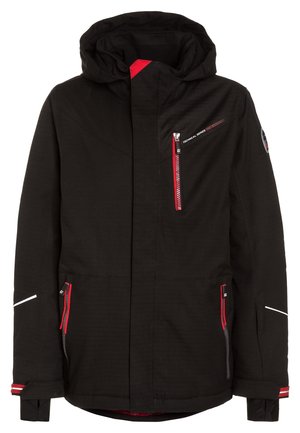 Czarna techniczna kurtka z zamkiem błyskawicznym z przodu, czerwonymi akcentami, dwoma bocznymi kieszeniami i kapturem. Wykonana z materiału o fakturze i posiada refleksyjne elementy.