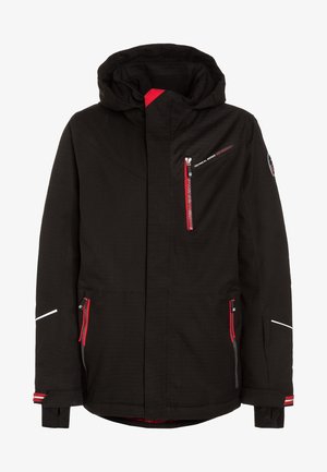 Veste technique noire avec fermeture éclair à l'avant, accents rouges, deux poches latérales et capuche. Présente un tissu texturé et des détails réfléchissants.