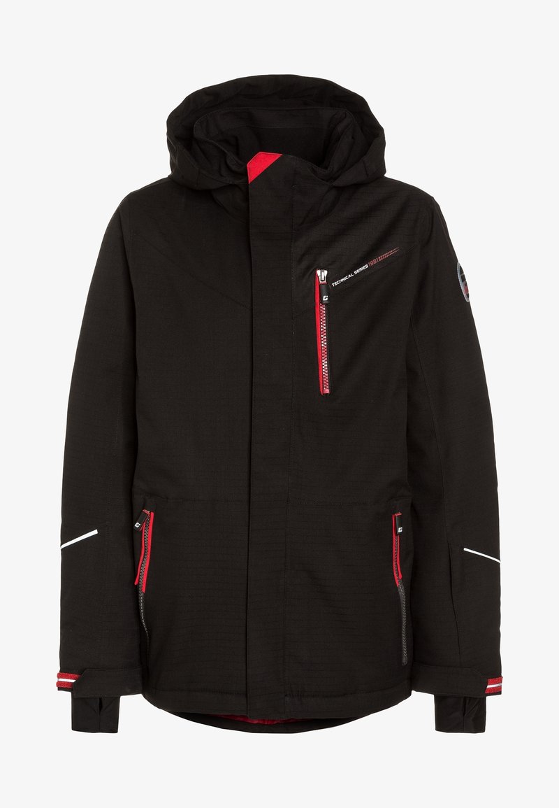 Veste technique noire avec fermeture éclair à l'avant, accents rouges, deux poches latérales et capuche. Présente un tissu texturé et des détails réfléchissants.