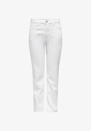 Jean blanc droit avec cinq poches, fermeture à boutons et passants pour ceinture, présenté sur un fond blanc uni.