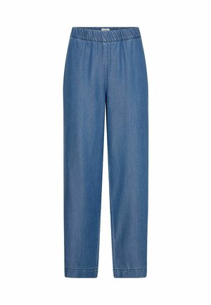 Denim trousers in light blue with an elastic waistband. Straight-leg design, featuring stitched details and a smooth texture.