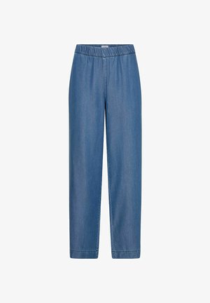 Világoskék farmernadrág elasztikus derékkal. Egyenes szabású, varrott részletekkel és sima textúrával rendelkezik.