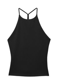 Černý halter top s vysokým výstřihem a tenkými ramínky. Hladká látka bez viditelných vzorů nebo ozdob. Lehce rozšířený střih.