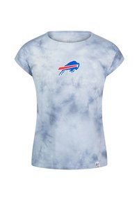 Ljusblå tie-dye t-shirt med korta ärmar och rund halsringning, med en Buffalo Bills-logotyp i blått och rött på bröstet.