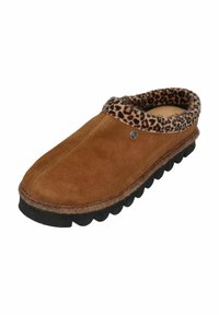 Brown suede slipper with a leopard print faux fur lining, round toe, and black scalloped rubber sole. Casual design for indoor wear.