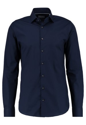 Camicia a maniche lunghe blu navy realizzata in tessuto morbido, con chiusura frontale a bottoni, colletto classico e bottoni neri discreti.