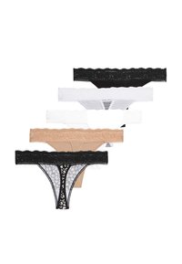 Fünf Damen-Hipster-Unterhosen mit Spitzenbesatz in Schwarz, Weiß, Nude und Leopardenmuster, in einem vertikalen Stapel angeordnet.