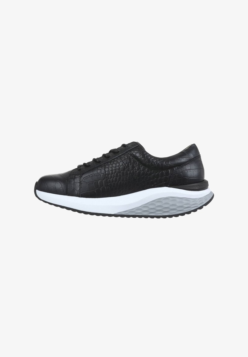 Black sneakers with a textured, crocodile pattern leather upper. White midsole with a textured gray section, black rubber outsole. Lace-up design.
