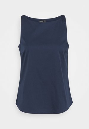 Blouse sans manches bleu marine avec encolure bateau et légère évasement à l’ourlet, présentée à plat sur un fond blanc.