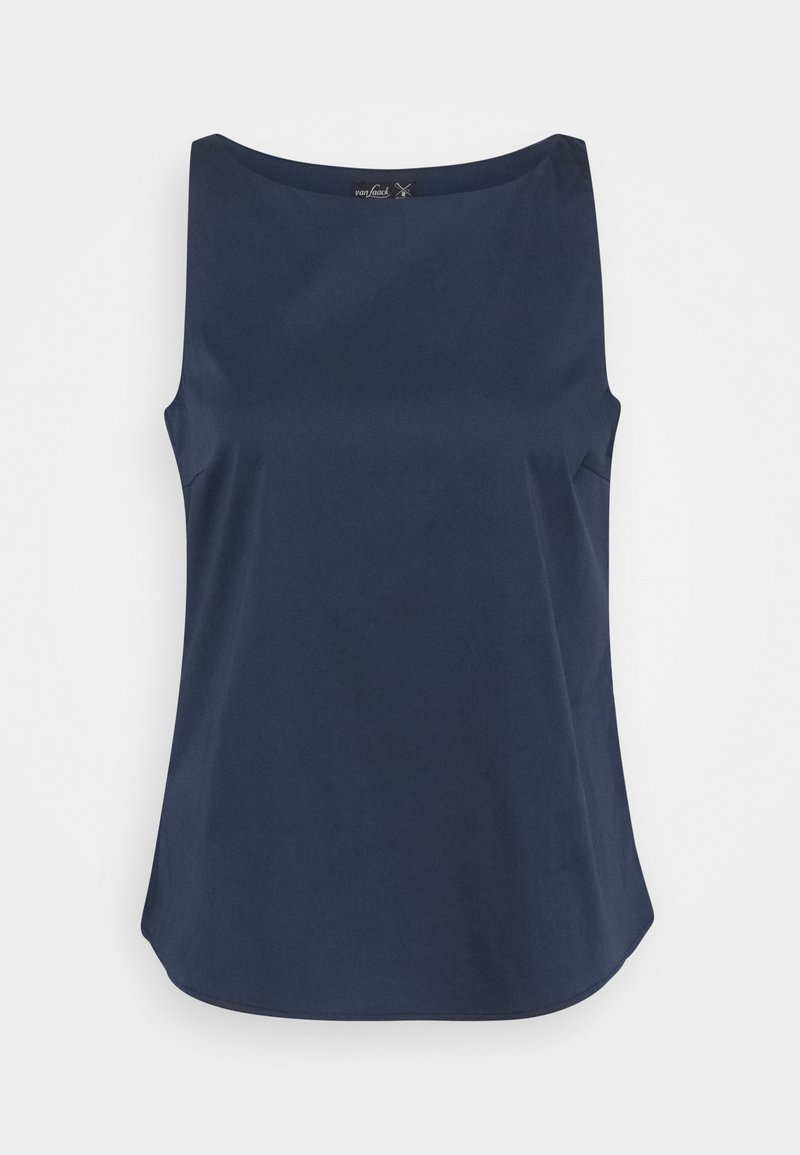 Blouse sans manches bleu marine avec encolure bateau et légère évasement à l’ourlet, présentée à plat sur un fond blanc.