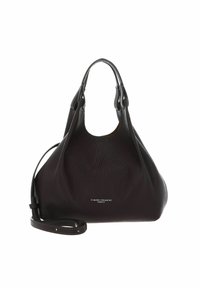 Borsa in pelle marrone scuro con finitura testurizzata, dotata di due manici e una tracolla staccabile. Logo visibile sul davanti.