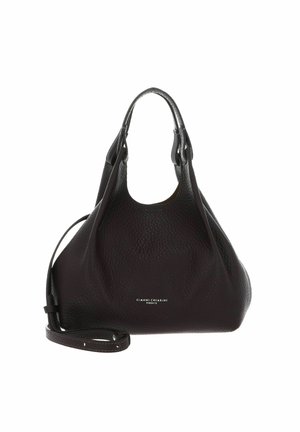 Borsa in pelle marrone scuro con finitura testurizzata, dotata di due manici e una tracolla staccabile. Logo visibile sul davanti.