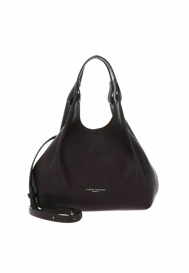 Borsa in pelle marrone scuro con finitura testurizzata, dotata di due manici e una tracolla staccabile. Logo visibile sul davanti.