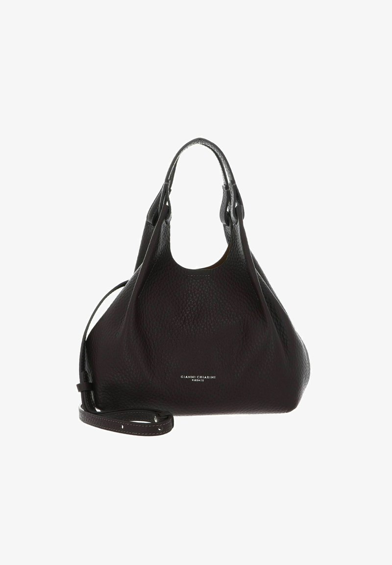 Borsa in pelle marrone scuro con finitura testurizzata, dotata di due manici e una tracolla staccabile. Logo visibile sul davanti.