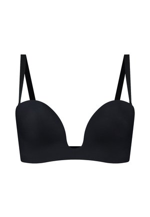 Reggiseno nero con design a coppa liscia e modellata, dotato di spalline regolabili e scollatura profonda. Il tessuto sembra morbido e senza cuciture.