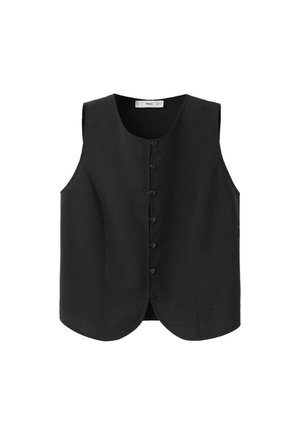 Veste noire sans manches boutonnée, avec un col arrondi et un ourlet légèrement incurvé.