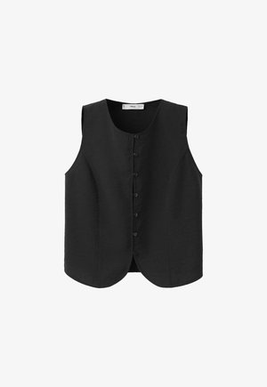 Zwart mouwloos vest met knopen, ronde halslijn en licht gebogen zoom.