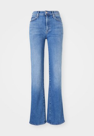 Jeans flare de cintura alta feitos de denim azul claro. Inclui cinco bolsos, fecho de cremalheira e bainhas desfiadas. Tecido texturizado com descoloração.