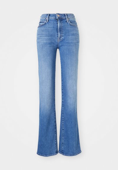 High-waisted flared jeans made of light blue denim. Features include five pockets, a zipper fly, and frayed hems. Textured fabric with fading.