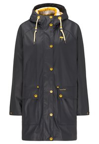 Impermeabile grigio scuro con cappuccio, dotato di bottoni gialli, cordini, rivestimento a righe del cappuccio, tasche frontali e piccolo logo dell'ombrello sul petto.