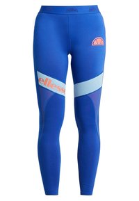 Niebieskie legginsy sportowe z wysokim stanem, z jasnoniebieskimi akcentami i pomarańczowym logo na lewej udzie. Gładki, elastyczny materiał.