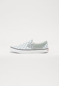 Slip-on sneakers with a green and white checkerboard pattern, suede accents, elastic side panels, and a white rubber sole with black trim.