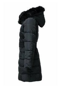 Abrigo negro acolchado con capucha forrada de piel sintética, cintura ceñida con cinturón y textura acolchada. Presenta un diseño de longitud media para mayor cobertura.