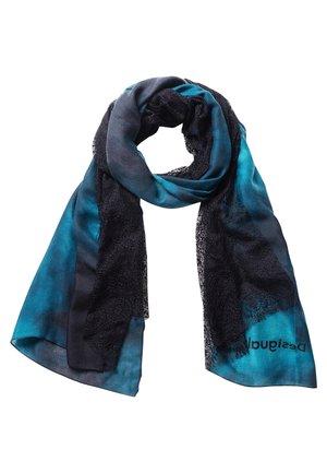 Blauer und schwarzer Schal mit Spitzenbesatz, locker drapiert und gefaltet, mit dem Markennamen „Desigual“ an einem Ende.