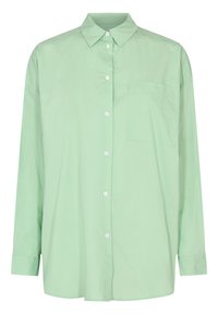 Chemise boutonnée vert clair avec un col classique, des manches longues, une poche poitrine unique et une texture de tissu en coton lisse.