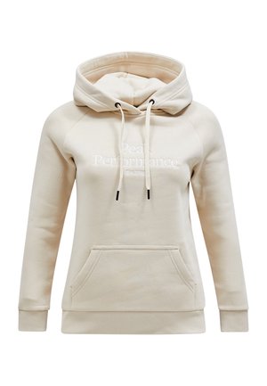 Felpa beige con tasca a marsupio frontale, cappuccio con lacci e testo ricamato bianco che recita "Peak Performance" e "Est. 1986."