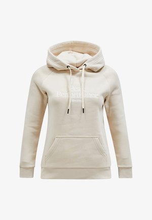 Felpa beige con tasca a marsupio frontale, cappuccio con lacci e testo ricamato bianco che recita "Peak Performance" e "Est. 1986."