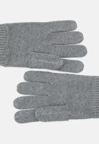 Mânuși tricotate gri, fabricate dintr-un material moale, având cinci degete și un mansetar cu nervuri pentru un plus de căldură și aderare.