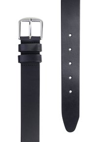 Cinturón de cuero negro con una hebilla de metal rectangular plateada, que presenta dos pasadores de cuero horizontales y múltiples agujeros para el ajuste de tamaño.