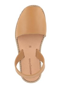 Sandale en cuir tan avec bout ouvert, deux sangles latérales et semelle intérieure rembourrée. Présente des bords surpiqués et un talon rond. Taille 38.