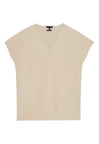 Haut en maille beige à manches courtes avec col en V et coupe ample, présenté sur un fond blanc.