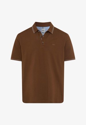 Brun polo shirt med krave, korte ærmer, to-knap lukning og hvide accentstriber på kraven. Har et diskret logo.
