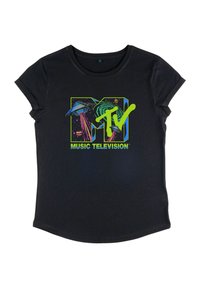 Černé tričko s krátkým rukávem se zábavným designem loga MTV, který zahrnuje vesmírné lodě a abstraktní vzory; vyrobeno z jemné bavlny.