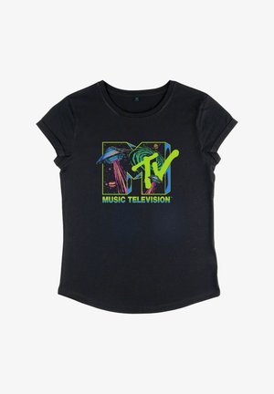 Schwarzes T-Shirt mit kurzen Ärmeln, das ein farbenfrohes MTV-Logo-Design mit Raumschiffen und abstrakten Mustern zeigt; aus weichem Baumwollmaterial gefertigt.