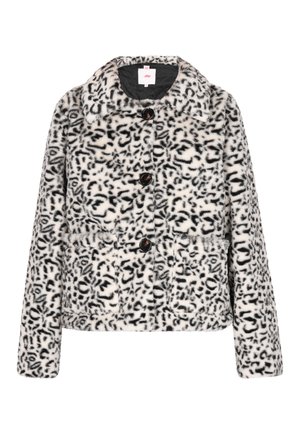 Jachetă din blană artificială cu imprimeu leopard, cu guler, patru butoane negre și două buzunare laterale. Textură moale și design scurt.
