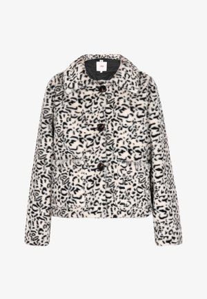 Leopardenmuster Kunstfelljacke mit kragenförmigem Ausschnitt, vier schwarzen Knöpfen und zwei seitlichen Taschen. Weicher Textur und cropped Design.